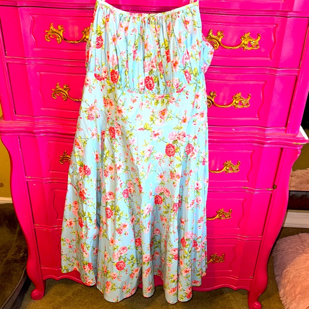 Unique Vintage Floral Blue and Pink Dress
